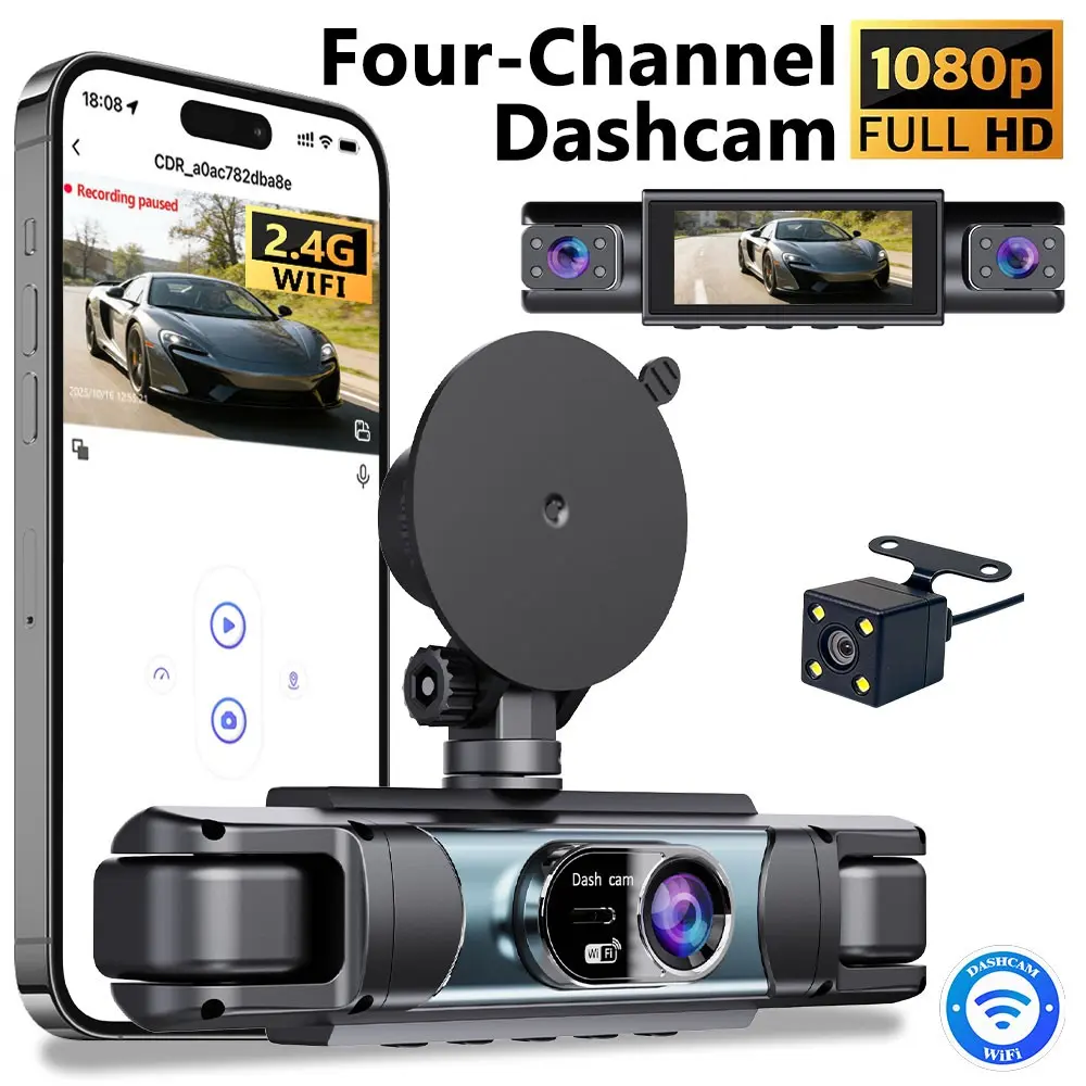 4CH 360° Car Dash Cam - Front/Rear/Inside/Left/Right Recording, 8IR Night Vision, 5G WiFi, G-Sensor, Parking Monitor, Loop Recording for Uber/Taxi/Family Vehicles, WiFi Car Dashcam, Car Dash Camera