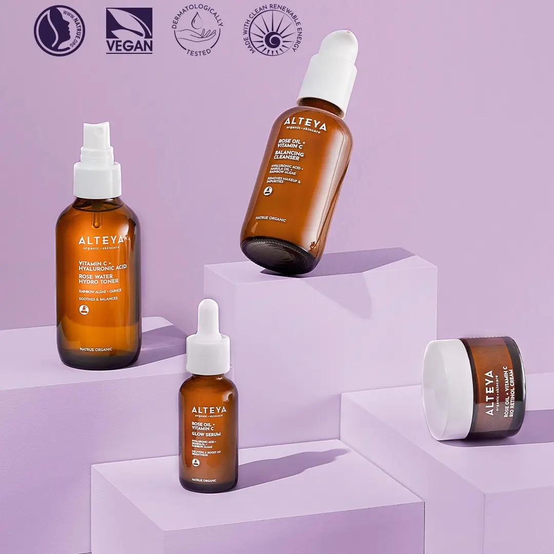 ALTEYA Luminous Rose 4-Piece Dewy Hydrating Set - Organic Brightening Plant-Based Non-Toxic Formula with Bio Retinol Cream, Long-Lasting Hydration for Sensitive Skin to Restore Radiance, Rejuvenate
