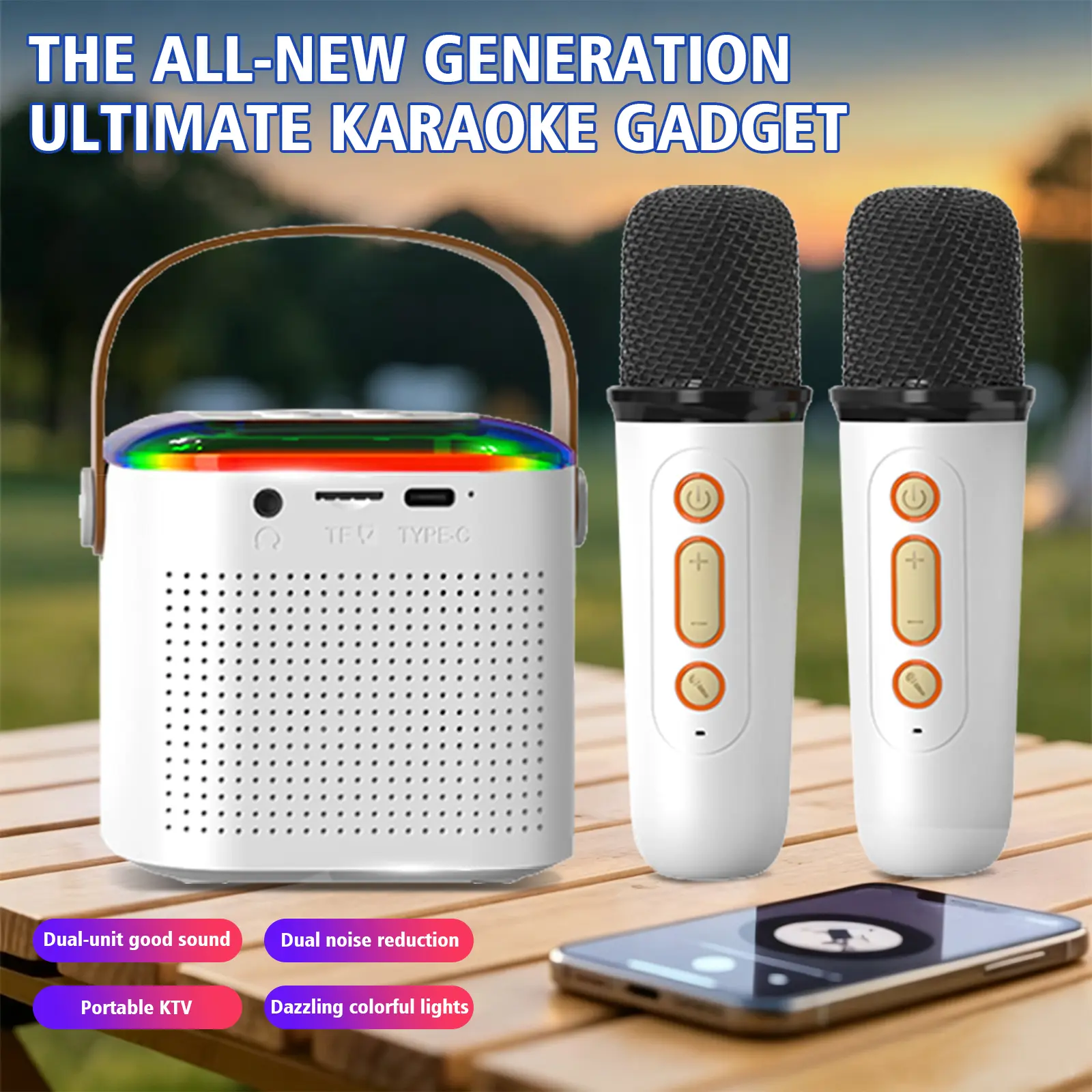 Mini Portable Bluetooth Karaoke Speaker with Dual Wireless Microphones, RGB Color Lights, Dual Noise Reduction, Type-C Charging, Handheld KTV Audio Machine for Home Camping Party