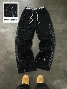 Men's Y2K Rhinestone Starry Sky Wide Leg Sweatpants - Baggy Script Graphic Streetwear Pants - High Waist Drawstring Casual Trousers for Hip Hop, Street Style & Night Party Outfits