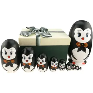 Lovely Penguin with Bowtie Egg Shape Handmade Wooden Russian Nesting Dolls Matryoshka Doll Set 10 Pieces in a Box with Bow for Home Decoration Kids Toy Birthday Christmas Easter Gift