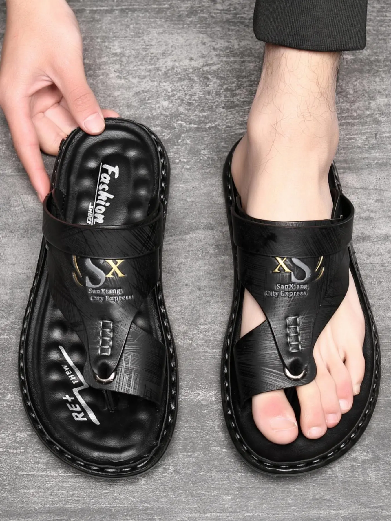 Men's Casual PU Leather Beach Sandals, Summer Travel Footwear, Fashionable Flip Flops, Fashionable Outdoor Slippers, Casual Comfortable Slippers for Outdoor Beach, Casual Beach Shoes, Slides Men