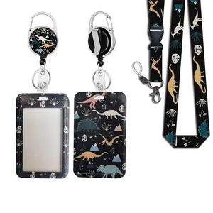 Dinosaur Pattern ID Badge Holder Set, 1 Set Retractable Nurse Badge Reel with Lanyard & Card Holder, Identification Badges & Supplies for Office
