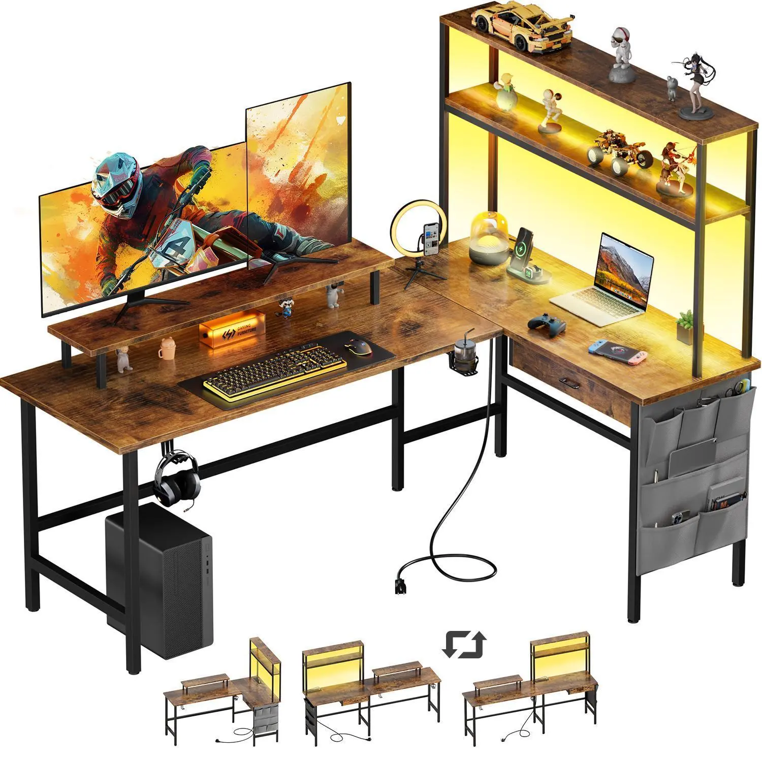 Ecofurnix L Shaped Gaming Desk with LED Light & Power Outlet, 170 × 100 cm Reversible Computer Desk with Storage Shelves & Drawer & Bag, Corner Desks with Monitor Stand for Home Office, Rustic Brown Wooden Table Ergonomic Swivel Chair summerwins