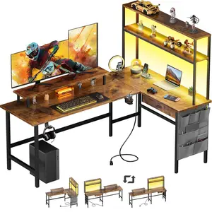 Ecofurnix L Shaped Gaming Desk with LED Light & Power Outlet, 170 × 100 cm Reversible Computer Desk with Storage Shelves & Drawer & Bag, Corner Desks with Monitor Stand for Home Office, Rustic Brown Wooden Table Ergonomic Swivel Chair