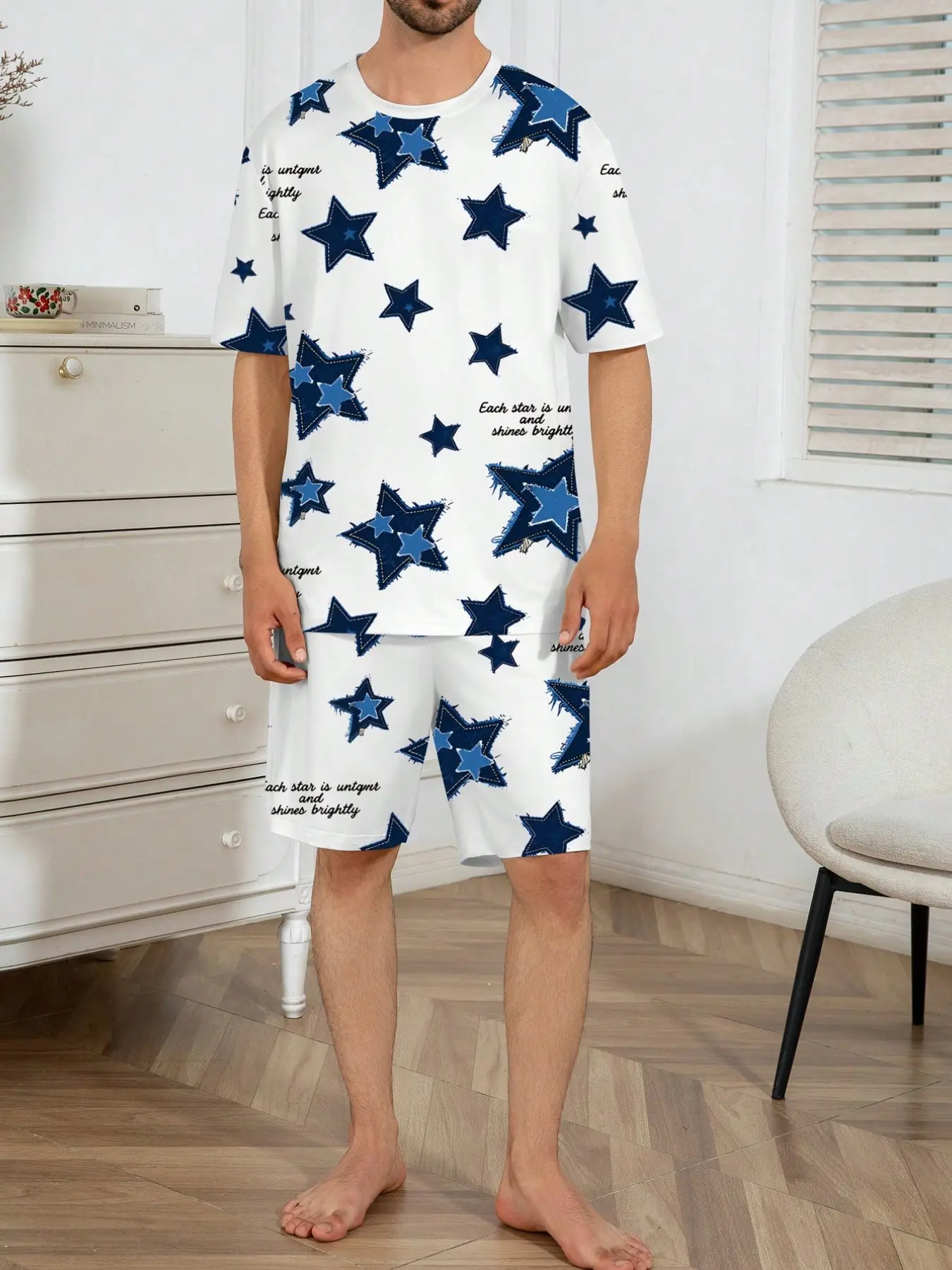 Men's Star Print Pajama Set, Pjs, Nightwear, Summer Short Sleeve Shorts, Lightweight Breathable Casual Homewear, Home Pajamas, Loungewear, Can Be Worn Outside