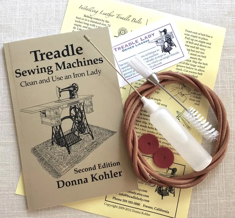 Treadle Sewing Machine Kit, Signed Book, Leather Belt, Oiler