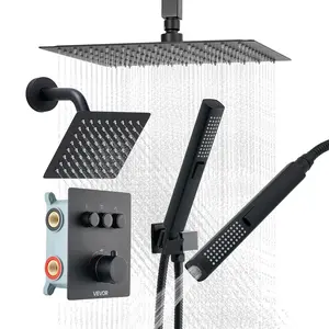 VEVOR Thermostatic Shower Faucet Full Kit - 12-in Ceiling-Mount Rainfall Head, 6-in Wall-Mount Head, 2-in-1 Handheld Spray, 3-Function Brass Valve & Trim with NPT Threads, Matte Black