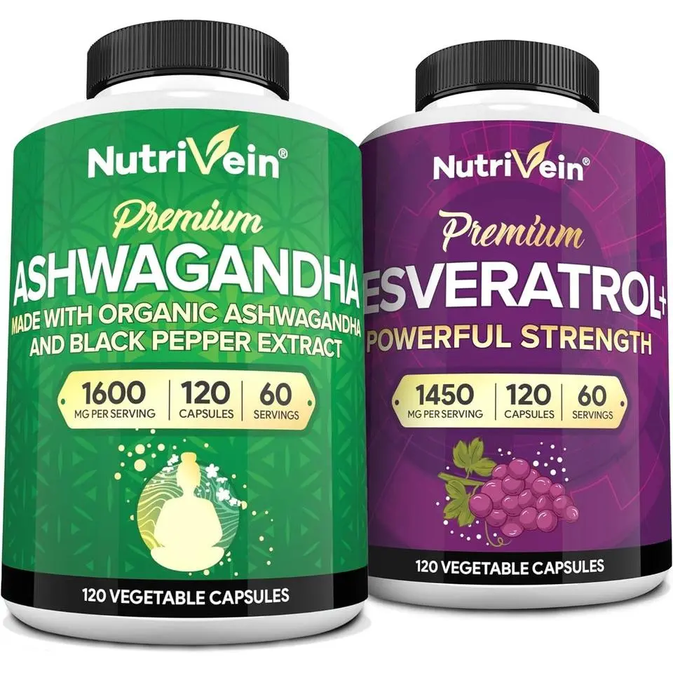 Nutrivein, Ashwagandha & Resveratrol Capsules Bundle, Herbal Wellness Blend Dietary Supplement, Stress Relief & Longevity Support Formula, Organic Fitness & Healthcare Capsules, 240 Capsules Total, 2 x 120 Capsules