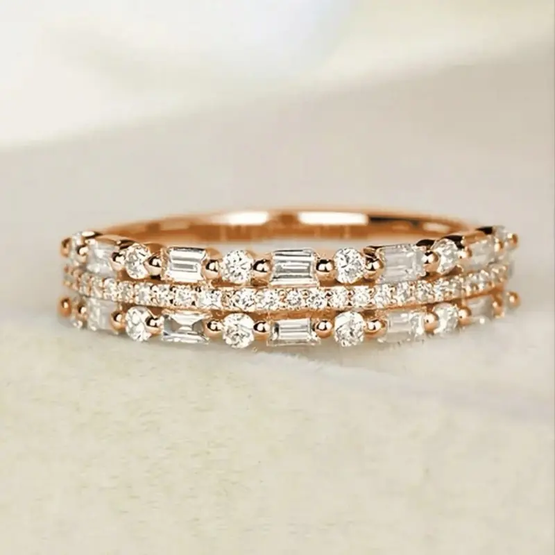 Women's Elegant 3-Row Cubic Zirconia Stackable Ring - Dainty Stacking Costume Jewelry, Non-Traditional Wedding Gift for Couples, Stackable Rings, Cubic Zirconia Rings