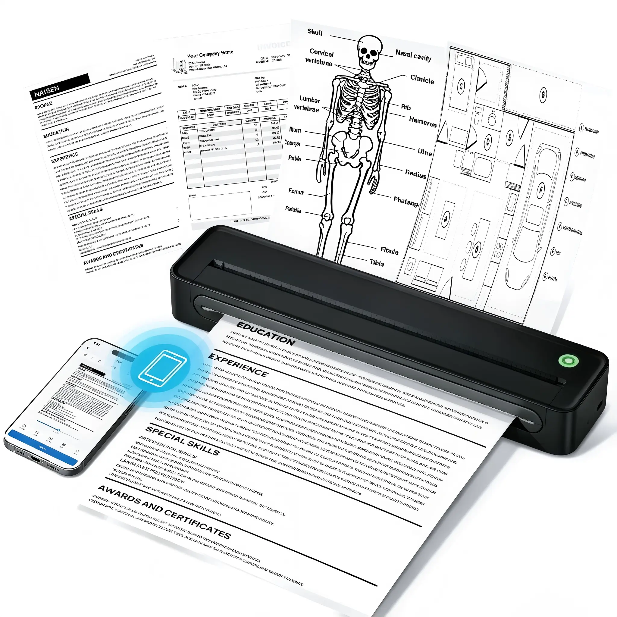 Inkless Thermal Portable Printer, D90E Wireless Bluetooth Inkless Printer for Travel & Office,  Compatible with iOS, Android, Laptop, Supports 8.5 x 11 Inch & A4 Thermal Paper, Includes 10 sheets of thermal paper