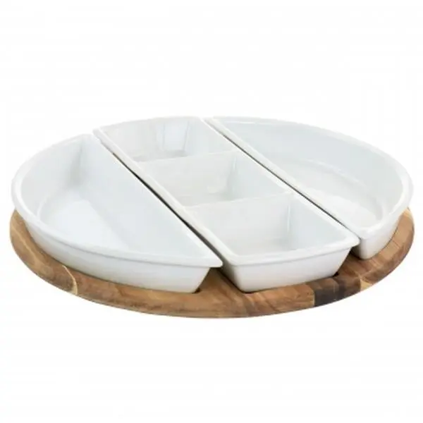 Gibson Elite 127270.04 4-Piece Gracious Dining Fine Ceramic Sectional Plates Set with Acacia Wood Serving Base