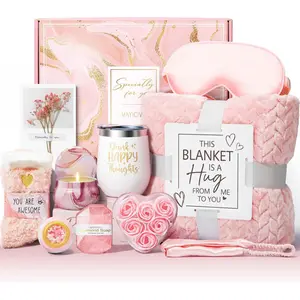 Birthday Gifts for Women Self Care Get Well Soon Gift Baskets, Rose Relaxing Spa Gift Basket Care Package w/ Luxury Flannel Blanket, Valentines Day Gifts for Mom Her Friend Sister Wife Grandma