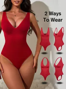 Women's Abdominal Control Seamless Smooth Everyday Shapewear Bodysuit, Dual-Way Wearing, Removable Straps, Panty-Style, Bikini Style, Strapless Halterneck Underwear