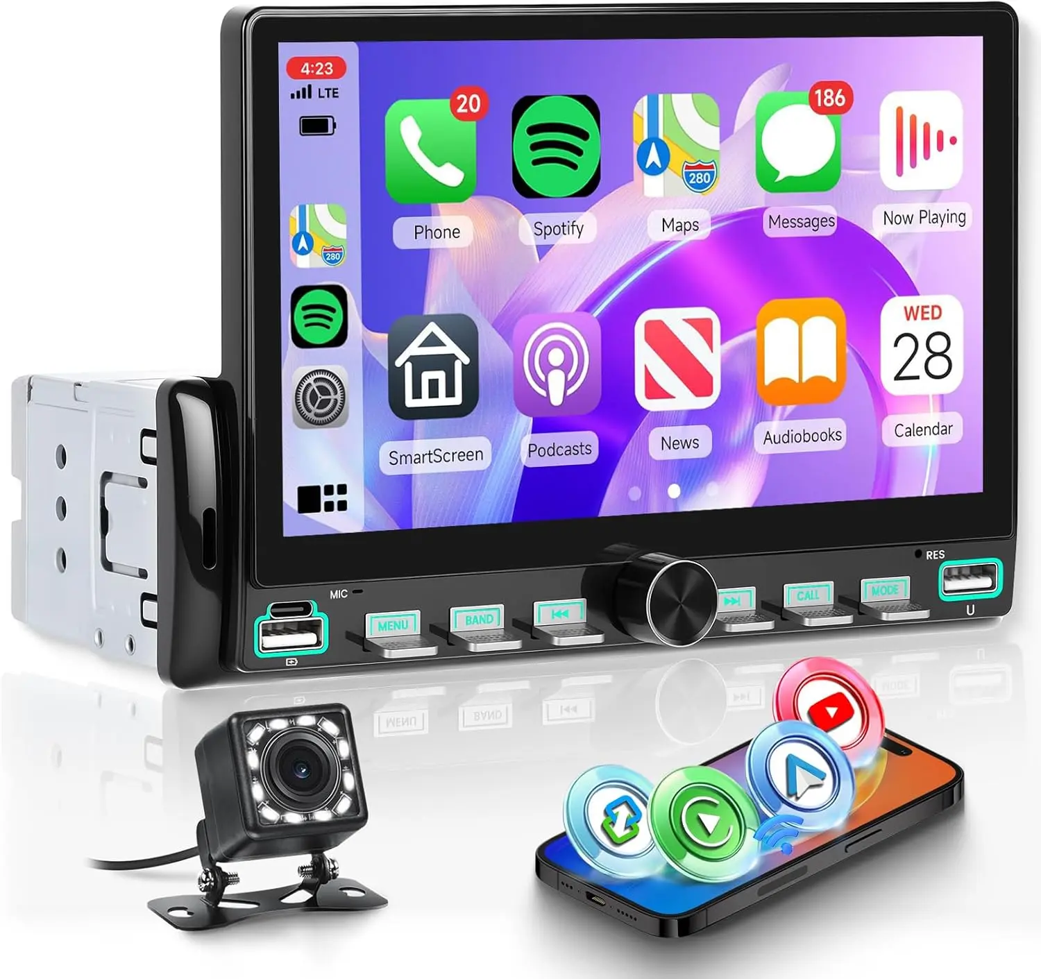 7" IPS Touch Screen Single Din Car Stereo - Wireless/Wired CarPlay & Wireless/Wired Android Auto, Online Video YouTube & Share Same Video, Type-C Charging, Piano Keys, Backup Camera Compatible, Mirror Link, Bluetooth, FM, USB, EQ, SWC, Car Accessories, Ac