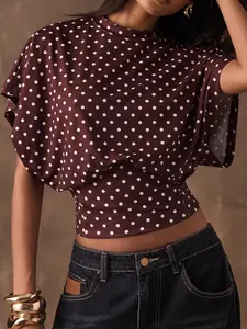 Burgundy Polka-Dot Crop Top, Mock Neck Oversized Short-Sleeve Top, Casual Y2K Aesthetic, Perfect New Year Shirt for Going Out and Commuting
