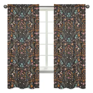 Sweet Jojo Designs Boho Wildflower Vintage Floral Girl Window Curtains Treatments Panels Baby Nursery Kids Bedroom Kitchen Room - Set of 2 - Black Orange Teal Bohemian Farmhouse Botanical Cottagecore