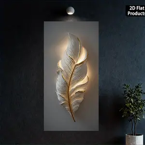 A faux glowing effect feather wall art (not real glowing) - Artistic, modern and minimalist style canvas print, 50*100 cm, golden and white feather design, frameless, suitable for home & office decoration - home decoration gift