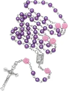 Lent Purple Rose Cross Charm Necklace, 27.9in Lightweight Catholic Beaded Prayer Jewelry for Women, Double-Side Medal Faux Pearl Religious-Themed Home Decor Religious Devotional Gift for Church, Mother's Day, Religious-Themed Religious Decorations