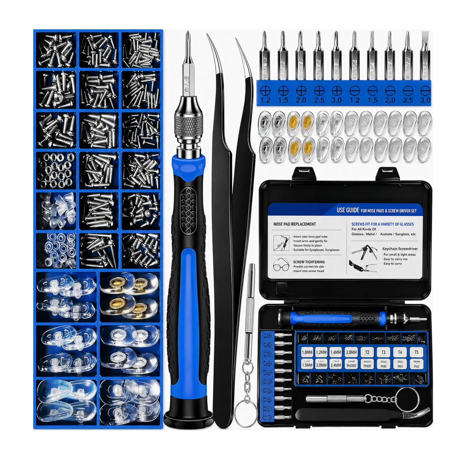 Full Set Eye Glass Repair Kit with Organized Tools - Magnetic Tips Screwdriver Set, Replacement Screws, Nose Pads, Tweezers, Compact Travel Case for Accurate Adjustments & Tool Protection, Eyewear Repair