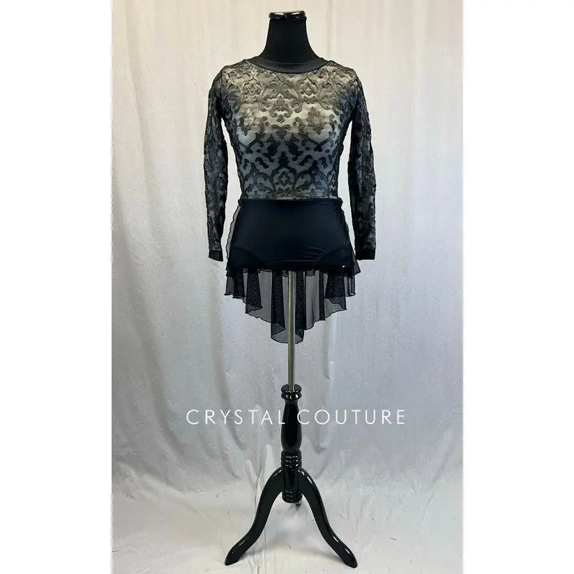 Black Baroque Long Sleeve Leotard with Back Skirt
