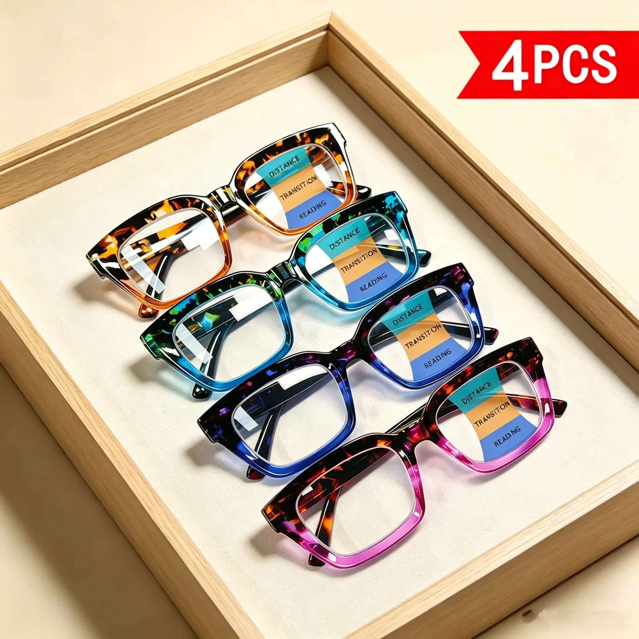 4-Pack Progressive Multifocal Reading Eyeglasses, Unisex Retro Square Plastic Frames with Spring Hinges, Blue Light Blocking High Quality Eyewear, Retro Style Elevates Casual Outfits, Progressive Multifocal Glasses, Full Rim