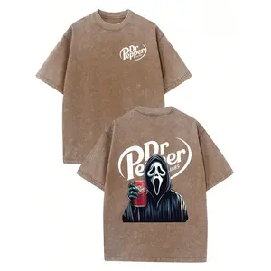 Dr. Pepper Ghost Face Horror Halloween Unisex Double-Sided T-Shirt, Washed Wax-Dyed Vintage Thick Cotton, Round Neck, Short Sleeves, Suitable for Couples, Summer Streetwear
