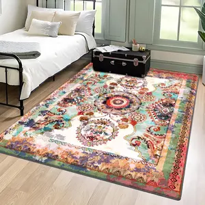 Velvet + Soft and Comfortable Bohemian Retro Classic Traditional Floral Pattern Printed Carpet, Home Decoration Carpet, Living Room Large Carpet Sofa Cushion Entrance Doormat Coffee Table Mat Bedroom Carpet Bedside Carpet