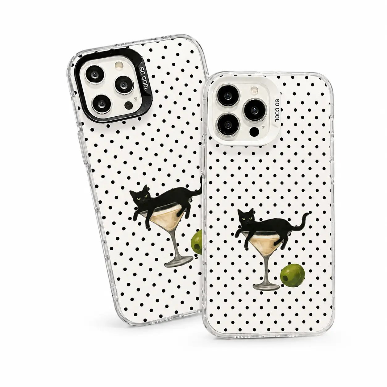 Vintage Retro Coquette White Polka Dot Black Cat Lying On Martini  Olive Graphic Phone Case Funny Cocktail Girly Bar Aesthetic Shock Absorbing Anti-Drop Non-Slip Protective Shell Fits iPhone 11/12/13/14/15/16/17Pro Max wine glass