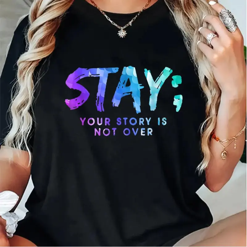 Aesthetic Semicolon 'STAY' T-Shirt | Premium 100% Cotton Heavyweight Tee | Viral Mental Health Awareness Graphic Apparel | Inspirational 'Your Story Is Not Over' Top | Soft Breathable Casual Support Gift Womenswear