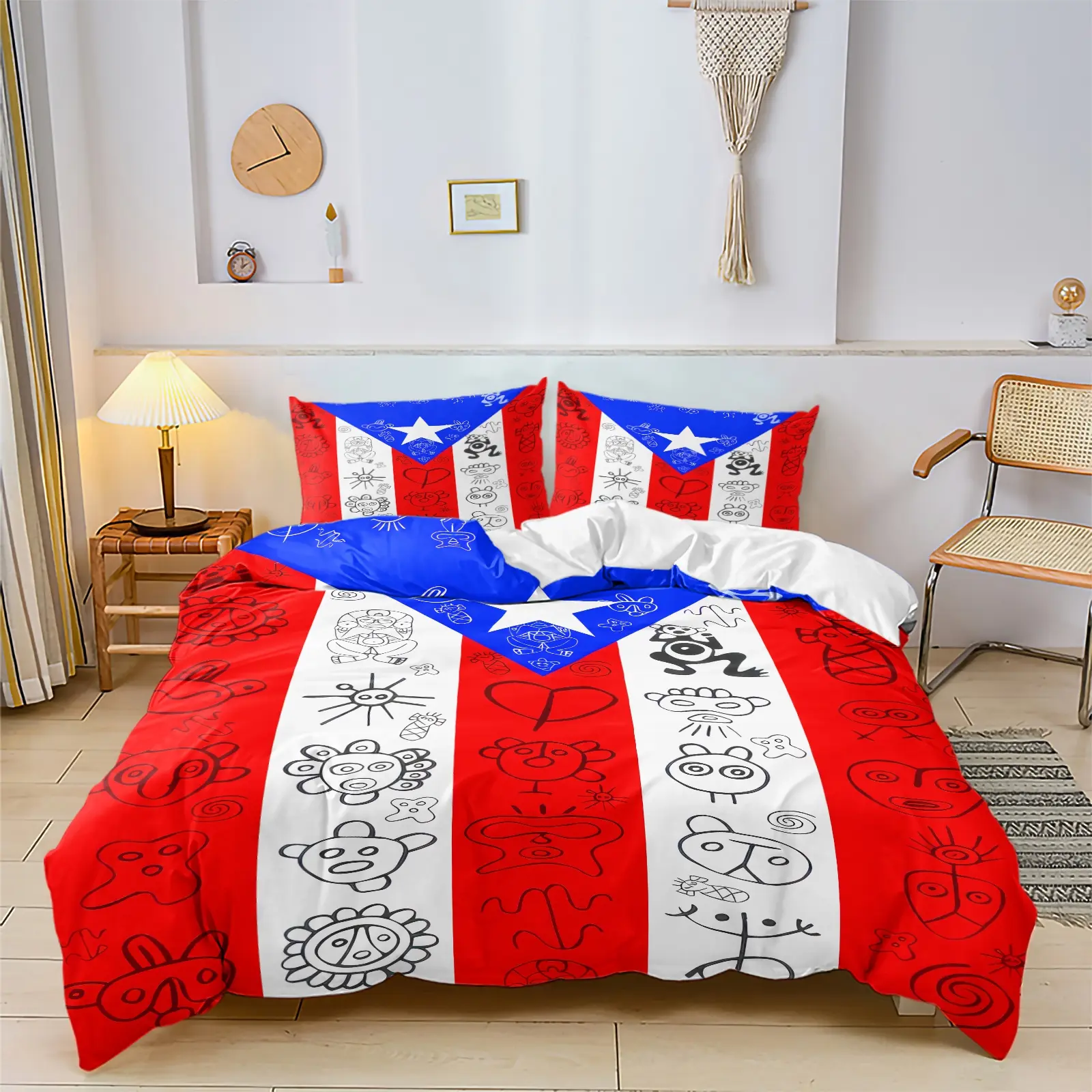 Puerto Rico Themed Printed Decorative Duvet Cover Set,Includes One Duvet Cover and One or Two Pillowcases,Hand-drawn,Simplified-Style Abstract Graphic Elements,Soft Skin-Frendly,Children's Bedroom Decor Gifts,Printed Bedding Set