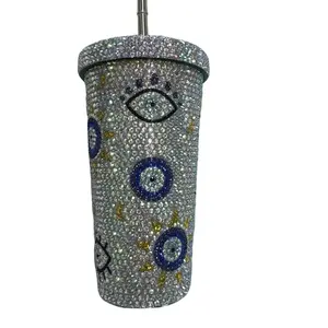 Evil Eye Rhinestone Tumbler 17oz Sparkly Design with Eye Motif and Colorful Accents