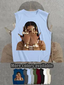 High Street Trendy Egyptian Queen Gold Print Graphic Sleeveless T-Shirt, Loose Fit Casual Tank Top, Gold Aesthetic, Multiple Colors Available