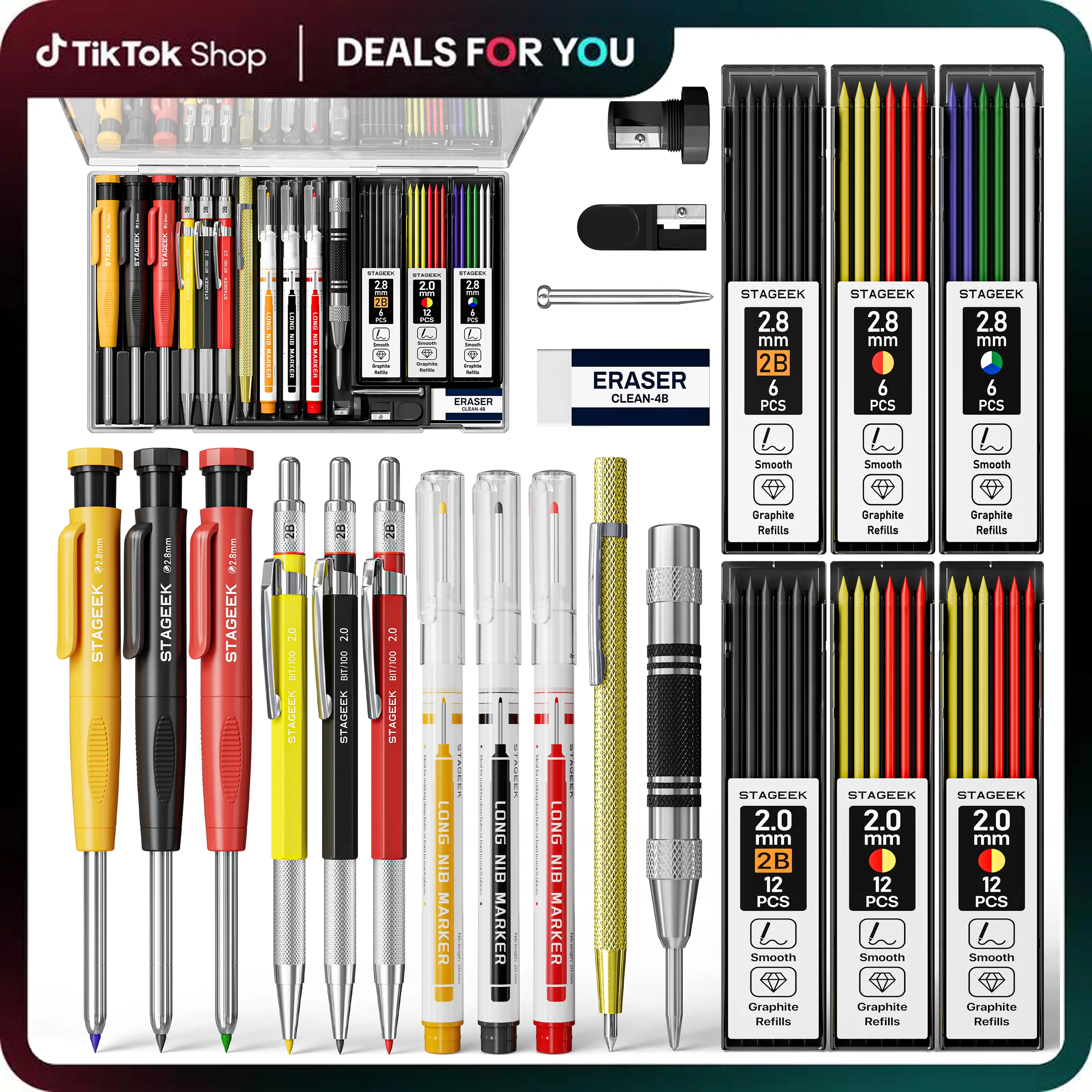 STAGEEK 22 Pack Carpenter Pencil Set with Sharpener, Mechanical Carpenter Pencils with 60 Refills, Deep Hole Long-Nib Marker Pens, Carbide Scribe Tool & Construction Pencils for Architect with Case