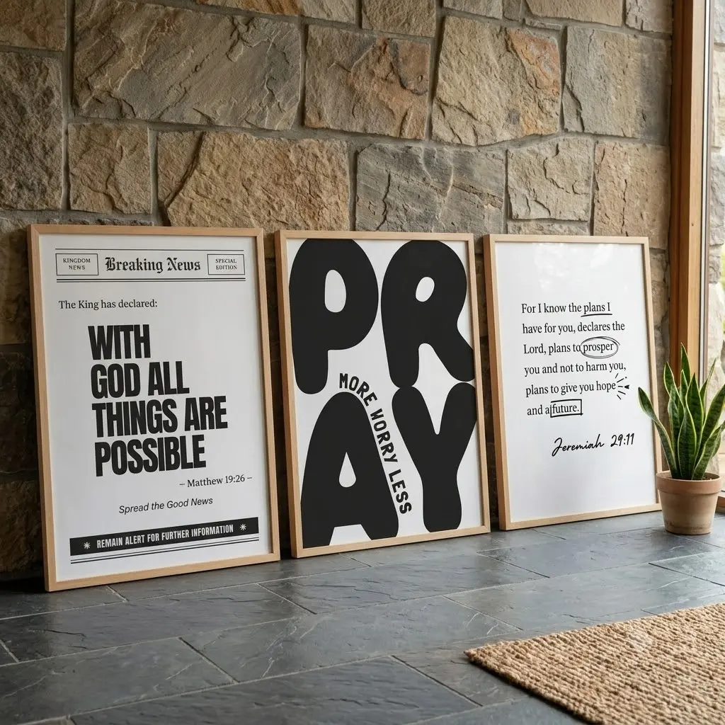 3-Piece Trendy Christian Wall Art Bundle - Pray More Worry Less Poster, Aesthetic Bible Verse Poster, Jeremiah 29:11 Typography Wall Art for Home Decor