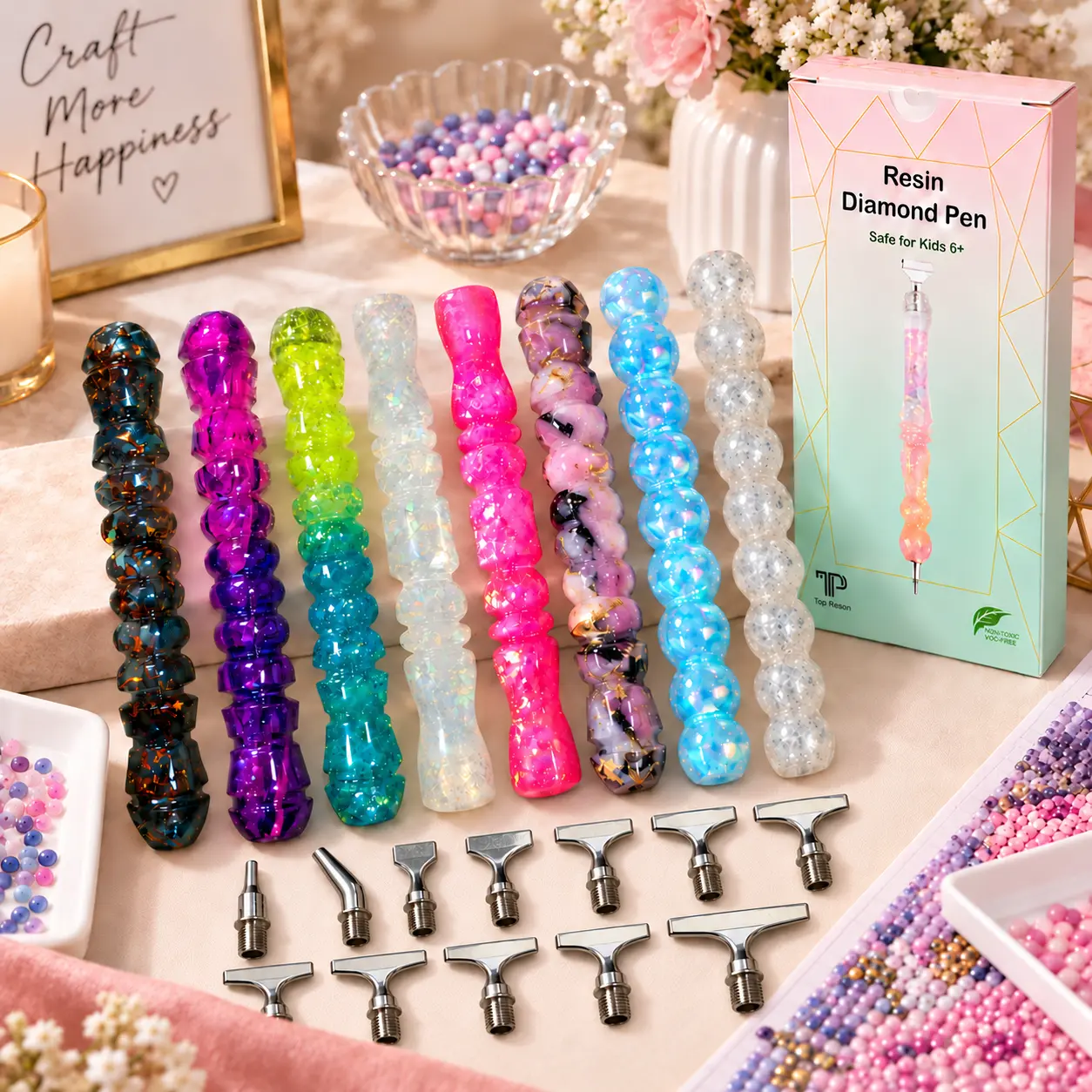 Ships Free Handmade Resin Diamond Painting Pen Set with 12 Interchangeable Metal Tips, Colorful Ergonomic Diamond Art Tool Kit, Perfect Gift for Crafters,Diamond Art Pens diy handicraft