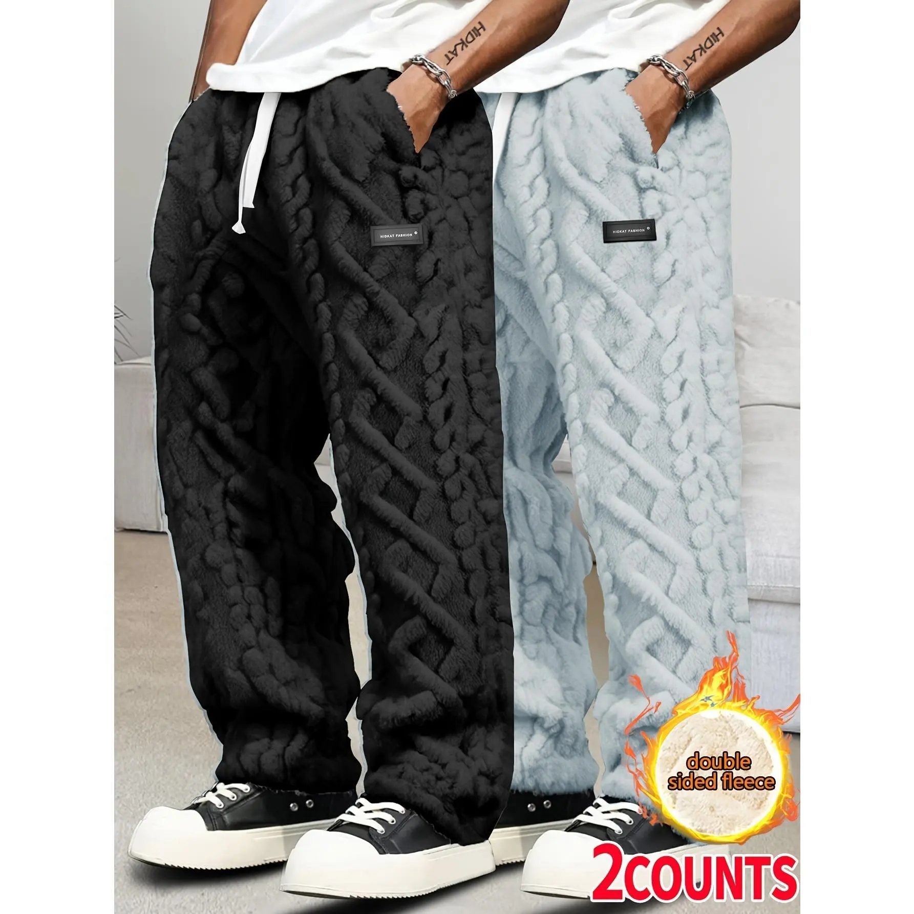 Men's 2-Pack Cable Fleece Joggers, Thick Plush Winter Sweatpants for Lounging, Casual Loose-Fit Menswear with Drawstring, Fluffy, Wide Leg, Elastic, Clothes, Athleisure, Cotton, Stripe, Warm Fleece, Stripe Pattern, Elastic Waist, Full Length, Sporty Chic,
