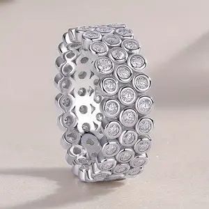 [Elegant Eternity Ring] 1pc Elegant Women's Eternity Ring | 3 Rows Synthetic Zirconia, Wide Face, White Golden Plated - Perfect for Weddings, Engagements, Daily Wear, Couples, Wedding Jewelry