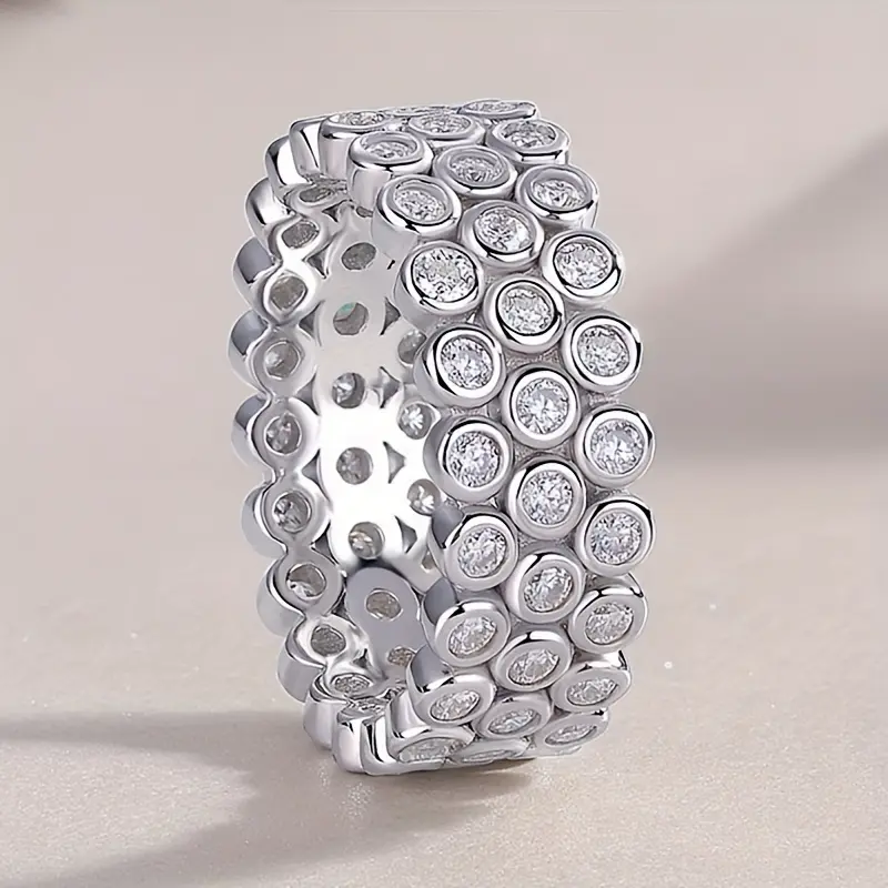 3-Row Cubic Zirconia Eternity Ring for Women, Wide White Gold-Plated Costume Jewelry Band for Weddings, Daily, Wide Face, 3 Rows Wide Face