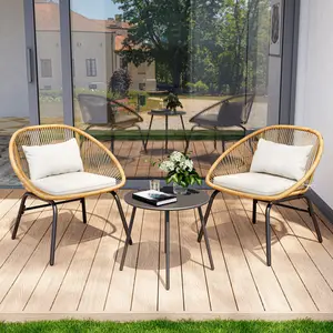 LAUSAINT HOME 3-Piece Patio Conversation Bistro Set, all-weather outdoor wicker furniture with two wide chairs and a coffee table, perfect for porch, backyard, and balcony (linear weave design).