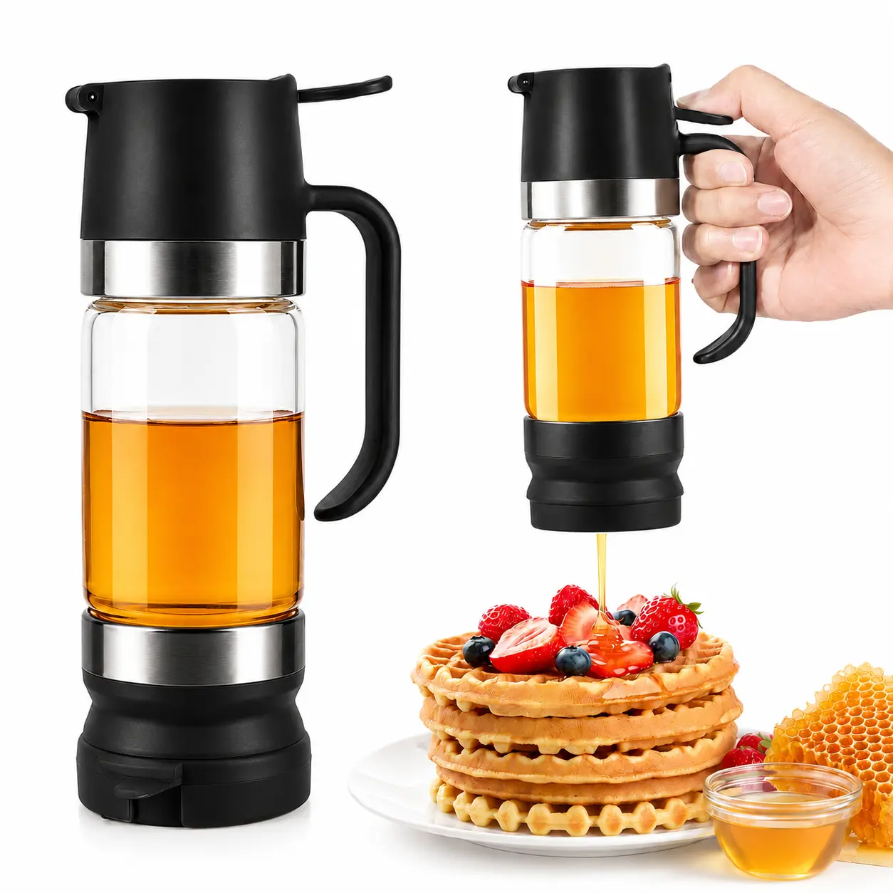 [No Drip Design] AISOON Glass Honey Dispenser with Handle, 10 oz Leakproof Honey Jar for Honey & Maple Syrup, Yellow Syrup Dispenser for Coffee, Tea, Pancakes and Waffles, 1 Pack