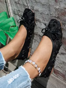 Spring Summer New Rose Lace Butterfly Knot Flat Shoes for Women, Casual Round Toe Breathable Mesh Sneakers, Comfortable Low Heel