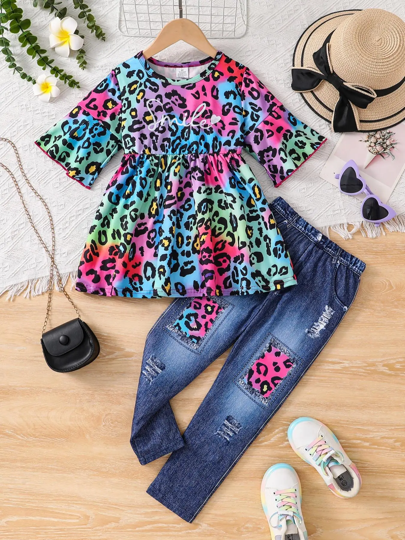 Toddler Girl's Co-ord Set, Casual Fashion Leopard Print Round Neck Top & Denim-Effect Print Pants, Kids Spring & Fall Clothes