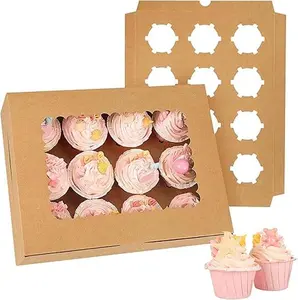 Sturdy Cowhide Paper Cake Box with Lid, Customizable Logo, Transparent Grid Multi-Compartment Bakeware, Reusable Muffin Cup Packaging for Baked Goods, Gift-Ready Pastry Shop Solution & Birthday Gift Idea