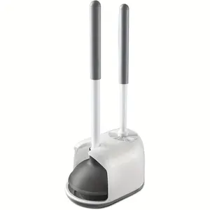 Toilet Plunger and Brush, 2 in 1 Toilet Bowl Brush Plunger Set with Holder, Bathroom Cleaning Tools Combo with Caddy Stand (White)
