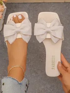 Women's Black Large Bow Decor Square Toe Flat Slide Sandals, Cool Sweet-Chic Style, Edgy Casual Slides #CoolSweetShoes, #BlackBowSlides, #EdgyChicSlides