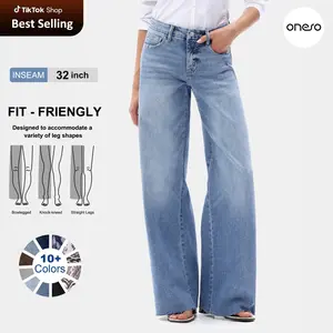 ONESO Women Mid Rise High Stretchy BBL Jeans Butt Lifting Wide Leg Raw Hem Denim Pants Tummy Control Spring Basic Minimalist Woman Denim Bottom Comfortable Denim Jeans OSW8019 Plus Size Regular Size Fashion Daily Outfits #SummerVibes