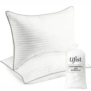 【Bonus! Free Extra Filling】UFIST Bedding Premium Striped King Bed Pillows for Back Stomach & Side Sleepers - Soft Breathable Covers, No-Shift Construction, White, Pack of 2 - Polyester, King and Queen Double Size