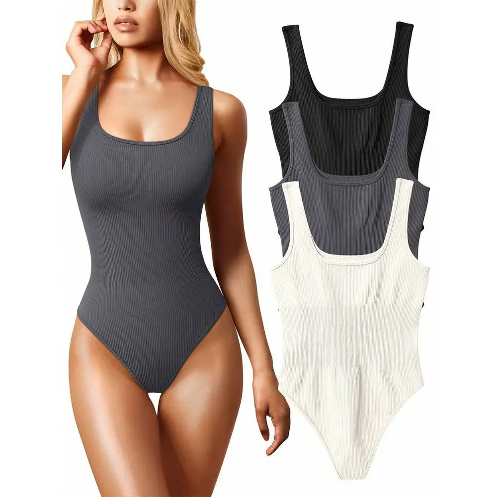 Women's 3 Pieces Bodysuits Sexy Ribbed Sleeveless Square Neck Tank Tops Leotard 2025 Outfits