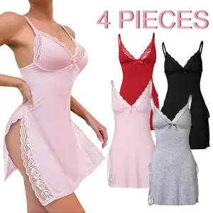 Herringbone Lace Trimmed Nightgown Set for Women's, Lady's sexy pajamas, Comfortable Split Hem Sleepwear Cozy Nightgown Collection Elegant Loungewear Matching Pajamas Piece Style Womenswear